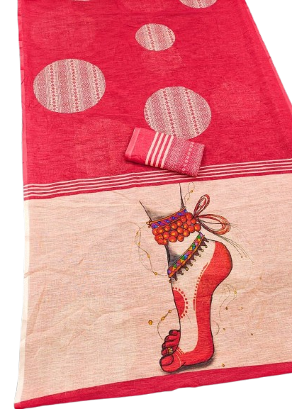 LINEN DIGITAL PRINT SAREE WITH HEVY ZARI PATTA