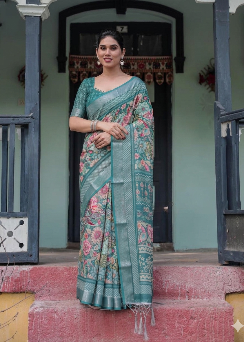 LINEN DIGITAL PRINT SAREE WITH HEVY ZARI PATTA