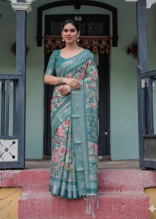 LINEN DIGITAL PRINT SAREE WITH HEVY ZARI PATTA