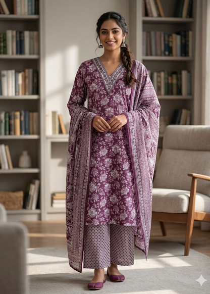 Cotton 3 Piece V-neck Kurti