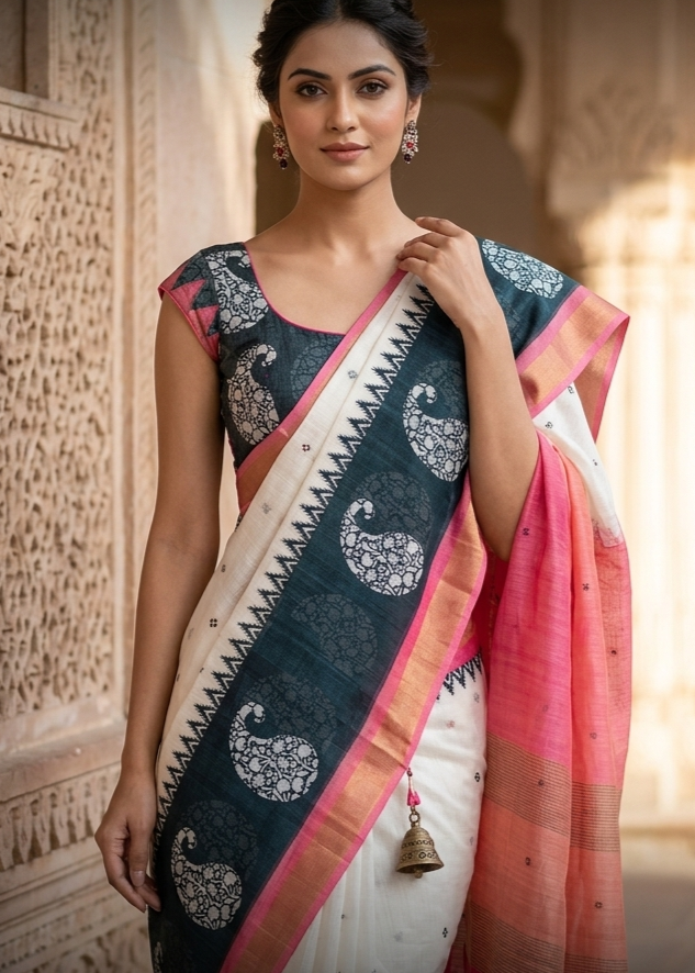 LINEN DIGITAL PRINT SAREE WITH HEVY ZARI PATTA