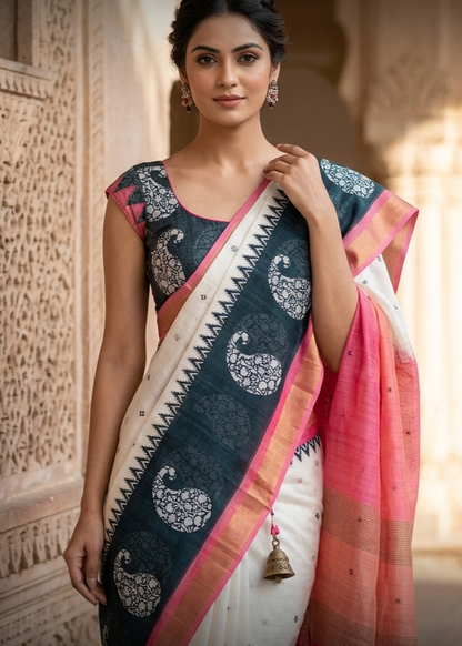 LINEN DIGITAL PRINT SAREE WITH HEVY ZARI PATTA