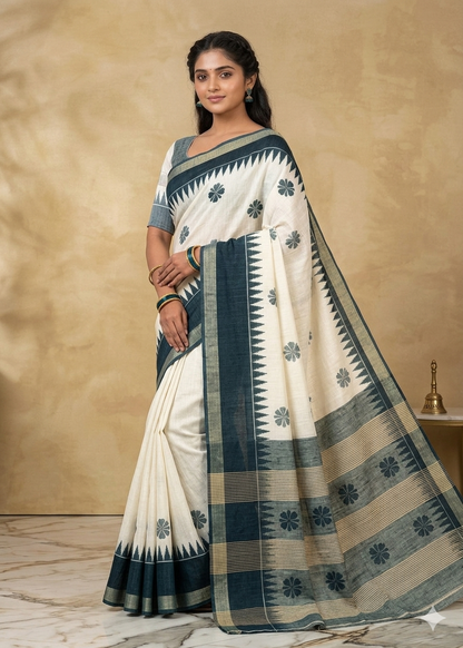LINEN DIGITAL PRINT SAREE WITH HEVY ZARI PATTA