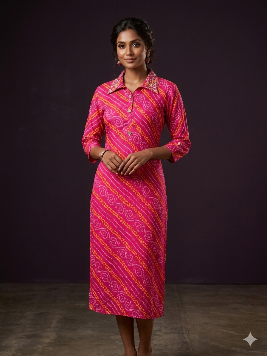 Vibrant Pink Bandhani Print Collared Kurti