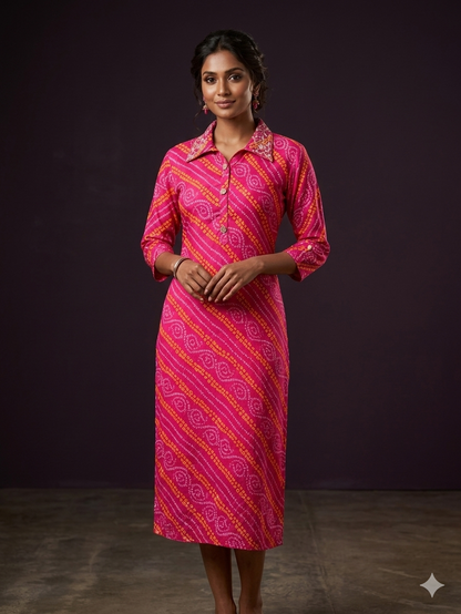 Vibrant Pink Bandhani Print Collared Kurti