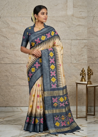 LINEN DIGITAL PRINT SAREE WITH HEVY ZARI PATTA