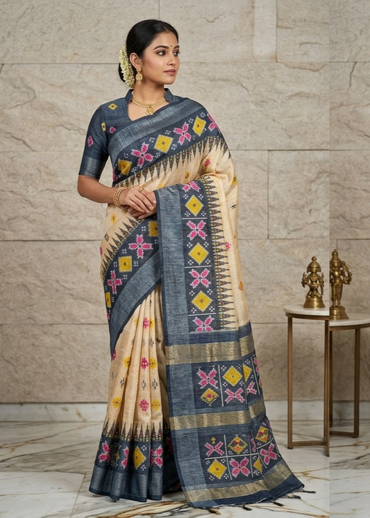 LINEN DIGITAL PRINT SAREE WITH HEVY ZARI PATTA