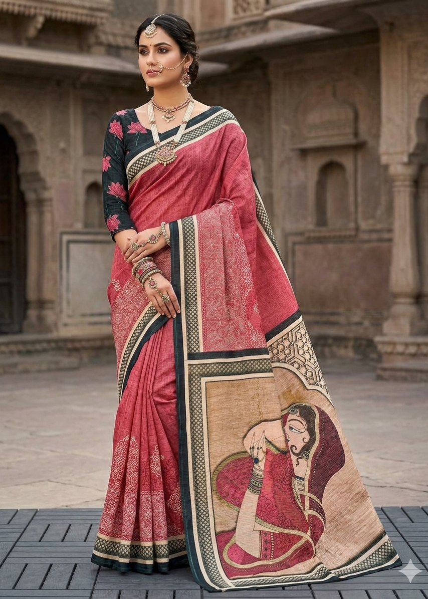 LINEN DIGITAL PRINT SAREE WITH HEVY ZARI PATTA
