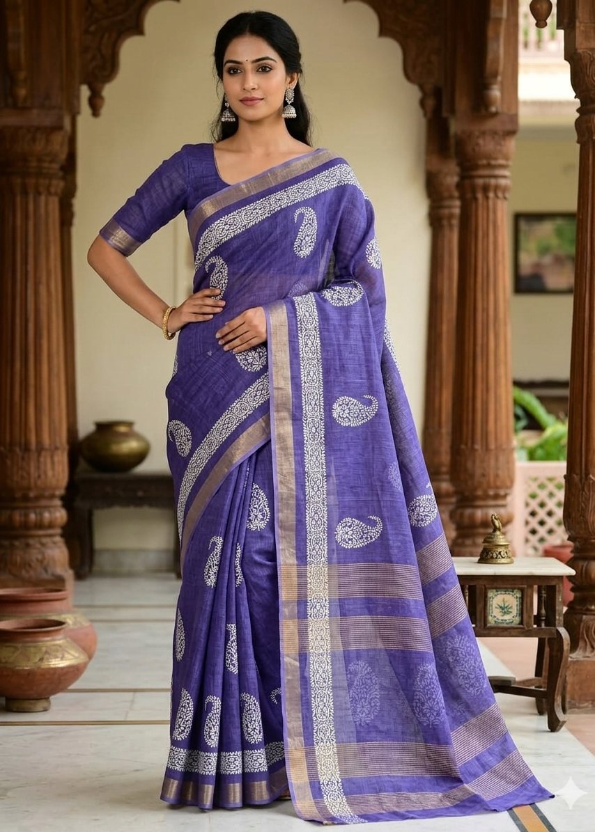 LINEN DIGITAL PRINT SAREE WITH HEVY ZARI PATTA