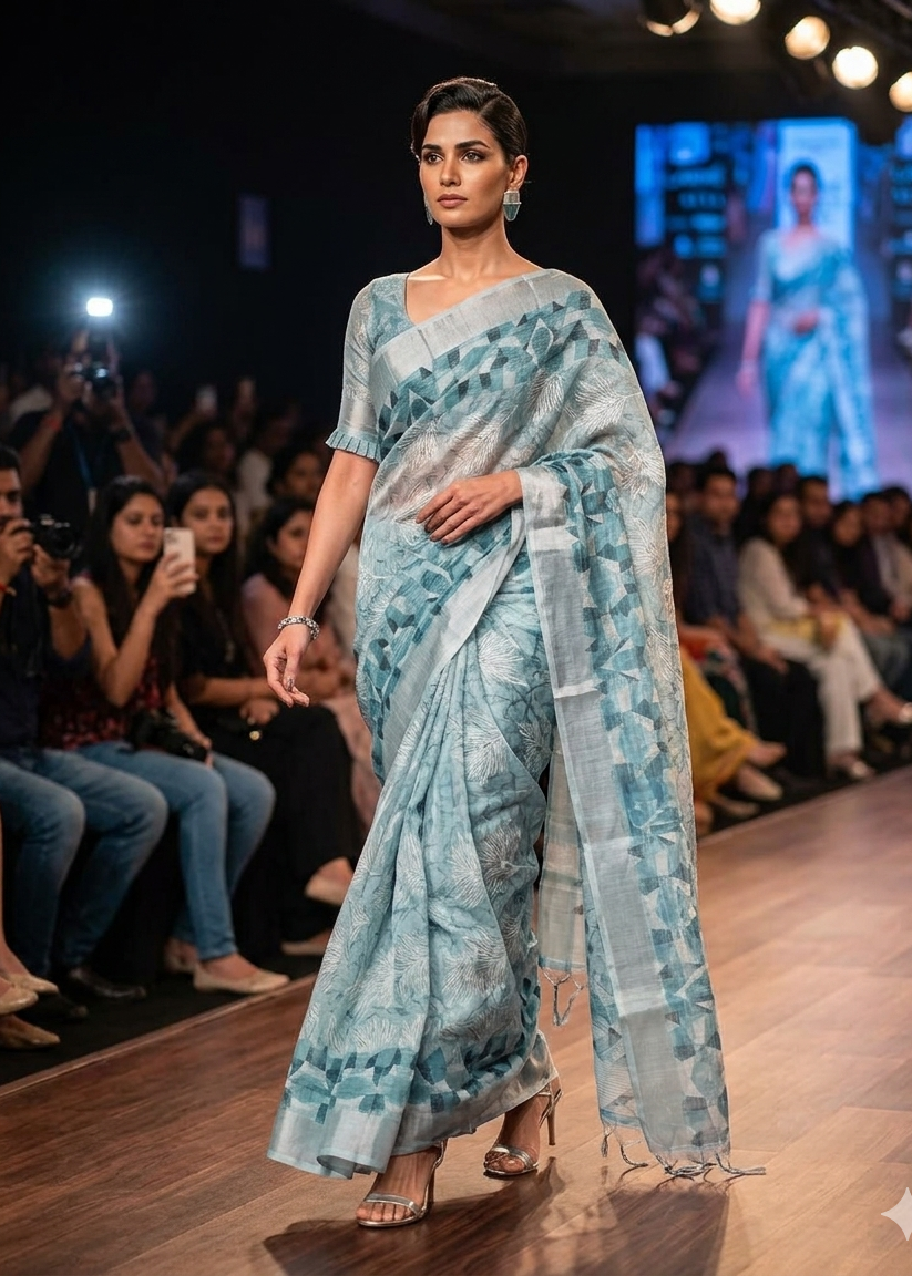 LINEN DIGITAL PRINT SAREE WITH HEVY ZARI PATTA