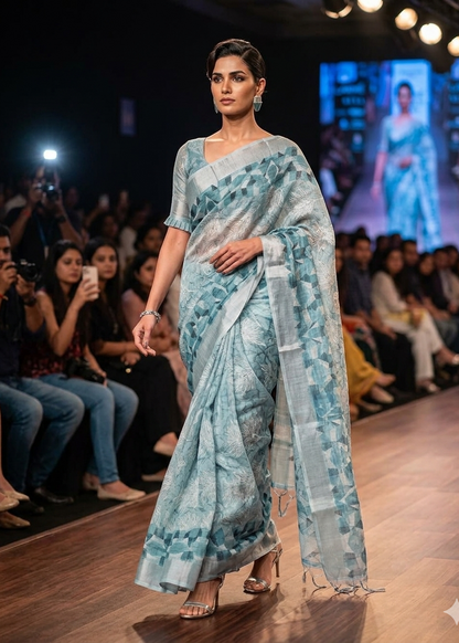 LINEN DIGITAL PRINT SAREE WITH HEVY ZARI PATTA