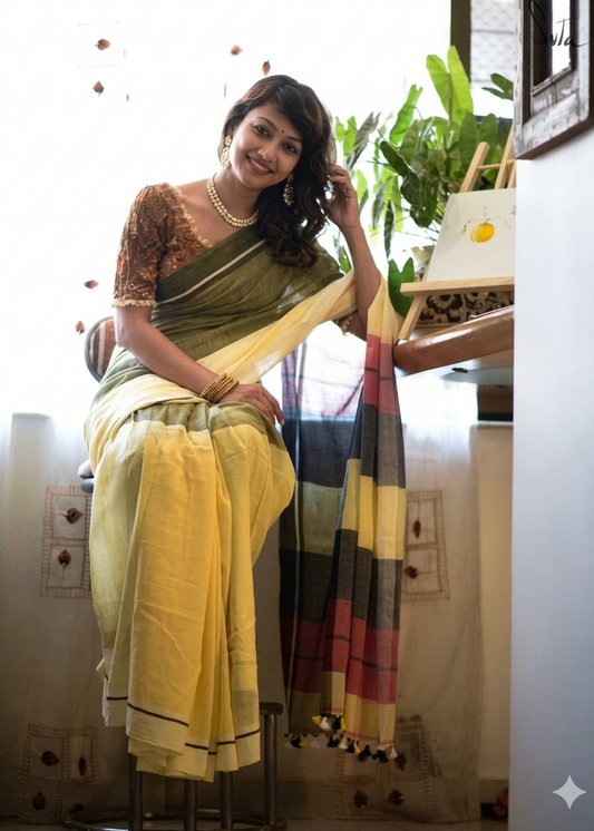 LINEN DIGITAL PRINT SAREE WITH HEVY ZARI PATTA