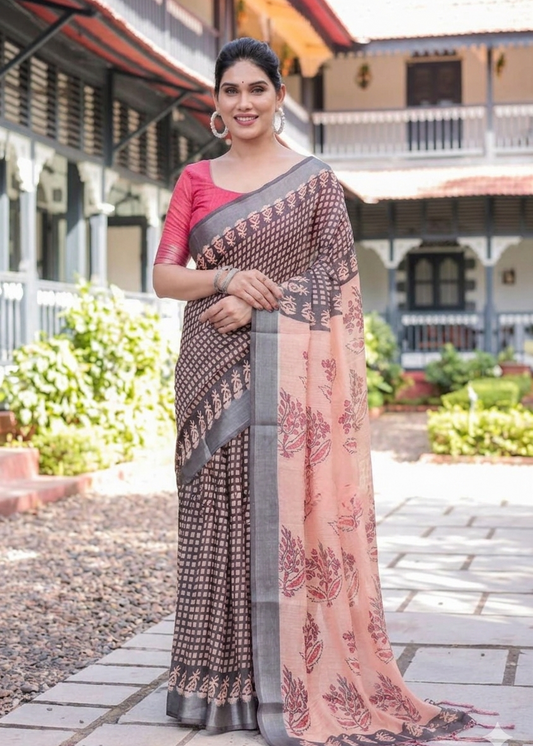 LINEN DIGITAL PRINT SAREE WITH HEVY ZARI PATTA