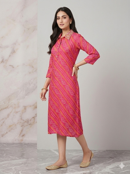 Vibrant Pink Bandhani Print Collared Kurti