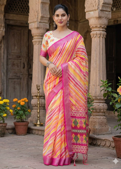 LINEN DIGITAL PRINT SAREE WITH HEVY ZARI PATTA