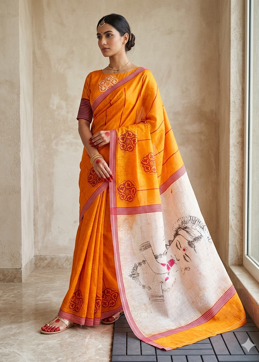LINEN DIGITAL PRINT SAREE WITH HEVY ZARI PATTA