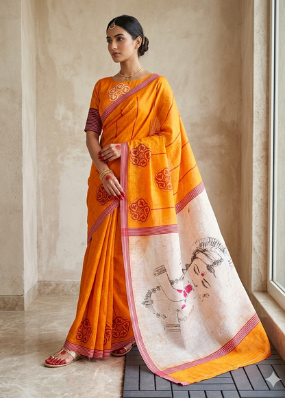 LINEN DIGITAL PRINT SAREE WITH HEVY ZARI PATTA