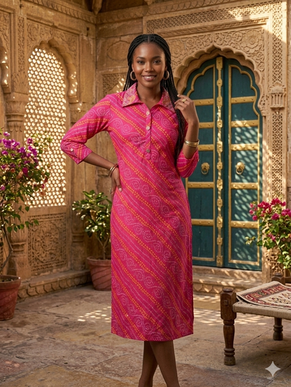 Vibrant Pink Bandhani Print Collared Kurti