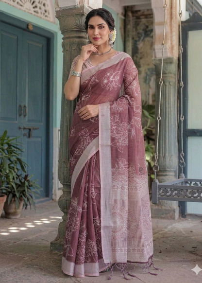 LINEN DIGITAL PRINT SAREE WITH HEVY ZARI PATTA