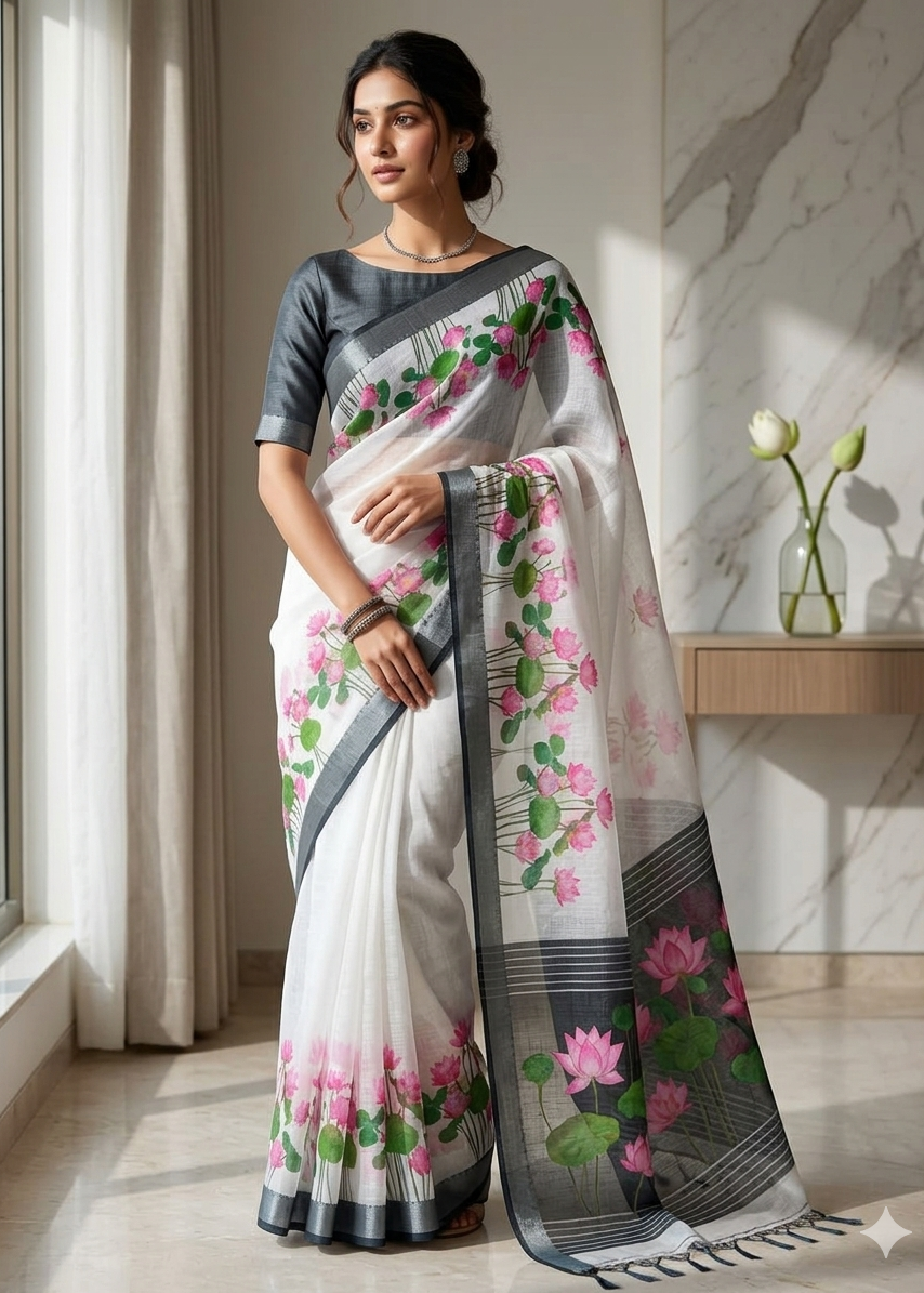 LINEN DIGITAL PRINT SAREE WITH HEVY ZARI PATTA