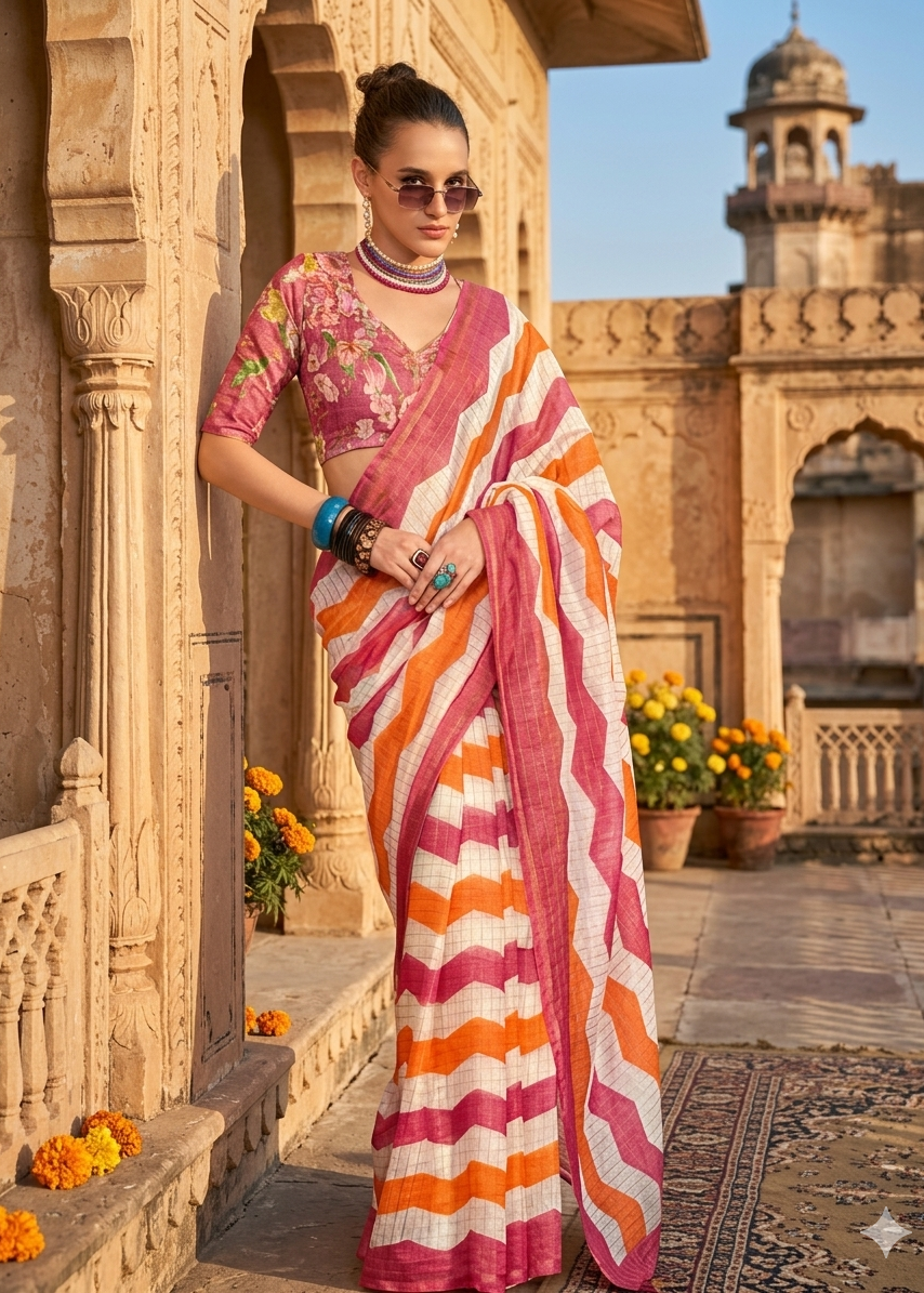 LINEN DIGITAL PRINT SAREE WITH HEVY ZARI PATTA