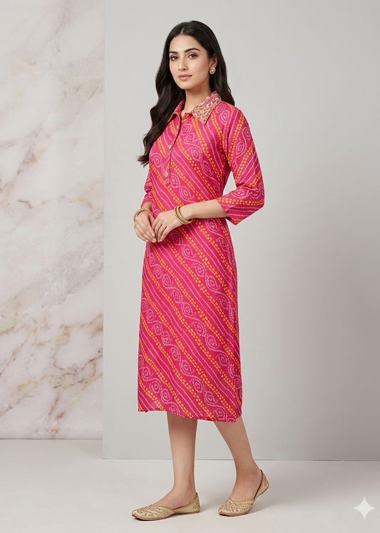 Vibrant Pink Bandhani Print Collared Kurti