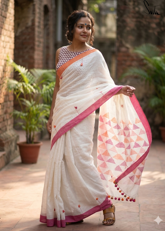 LINEN DIGITAL PRINT SAREE WITH HEVY ZARI PATTA