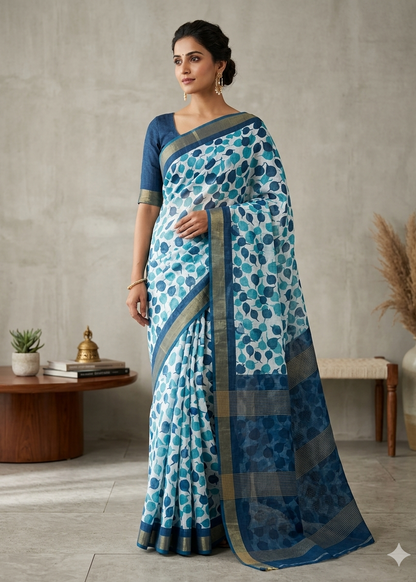 LINEN DIGITAL PRINT SAREE WITH HEVY ZARI PATTA