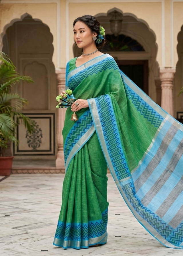 LINEN DIGITAL PRINT SAREE WITH HEVY ZARI PATTA
