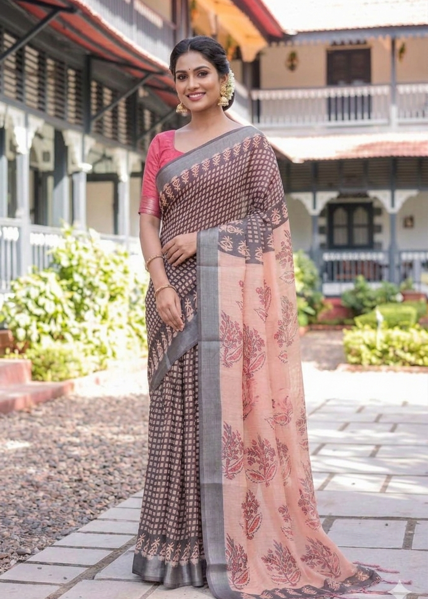 LINEN DIGITAL PRINT SAREE WITH HEVY ZARI PATTA