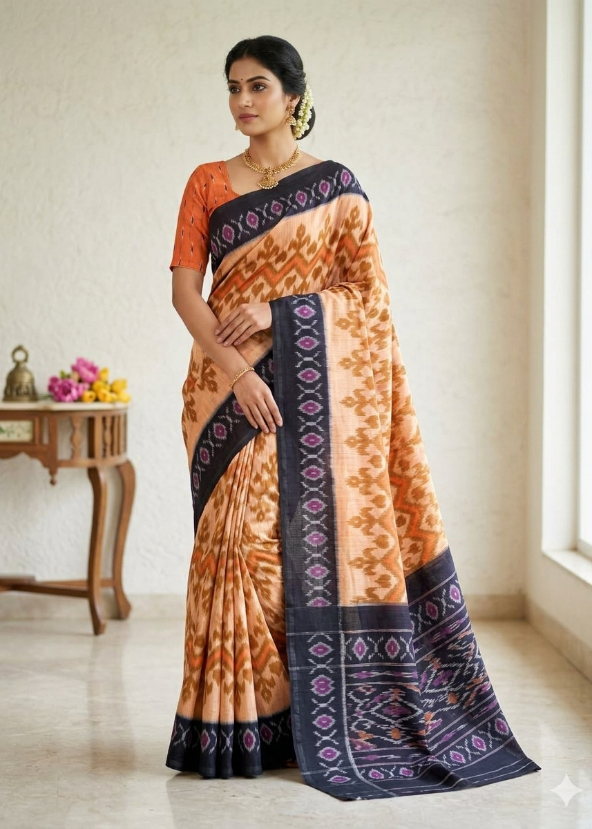LINEN DIGITAL PRINT SAREE WITH HEVY ZARI PATTA