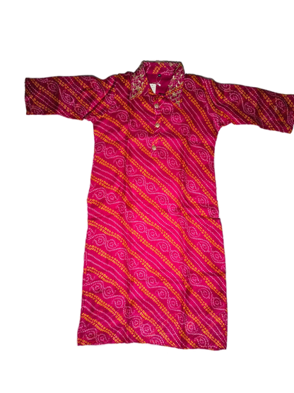 Vibrant Pink Bandhani Print Collared Kurti