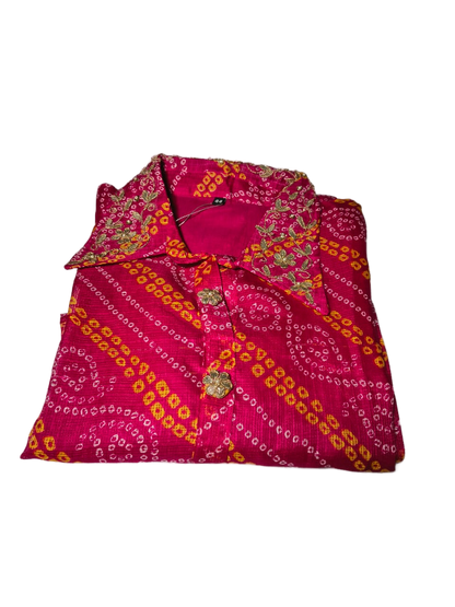 Vibrant Pink Bandhani Print Collared Kurti