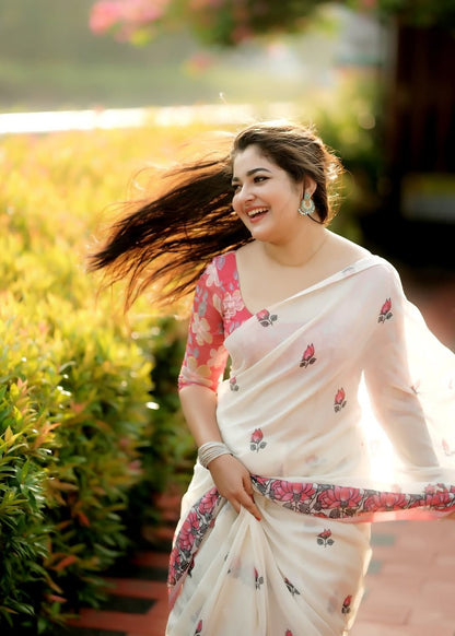 Premium Quality Linen Digital Print Saree.