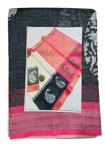 LINEN DIGITAL PRINT SAREE WITH HEVY ZARI PATTA