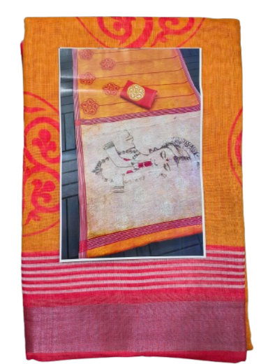 LINEN DIGITAL PRINT SAREE WITH HEVY ZARI PATTA