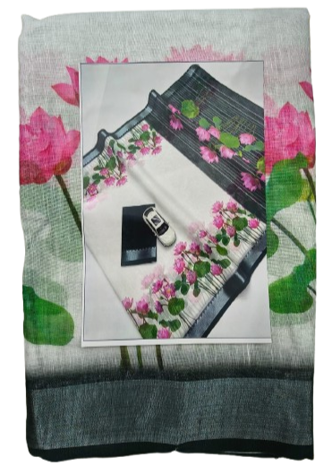 LINEN DIGITAL PRINT SAREE WITH HEVY ZARI PATTA