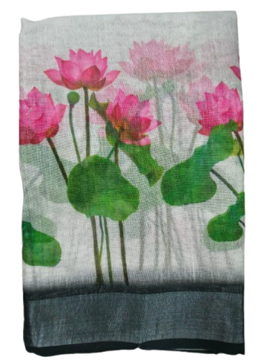 LINEN DIGITAL PRINT SAREE WITH HEVY ZARI PATTA