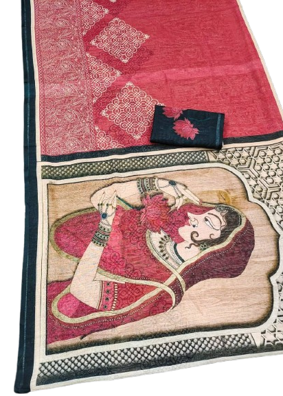 LINEN DIGITAL PRINT SAREE WITH HEVY ZARI PATTA