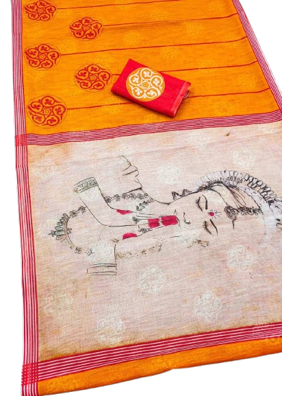 LINEN DIGITAL PRINT SAREE WITH HEVY ZARI PATTA