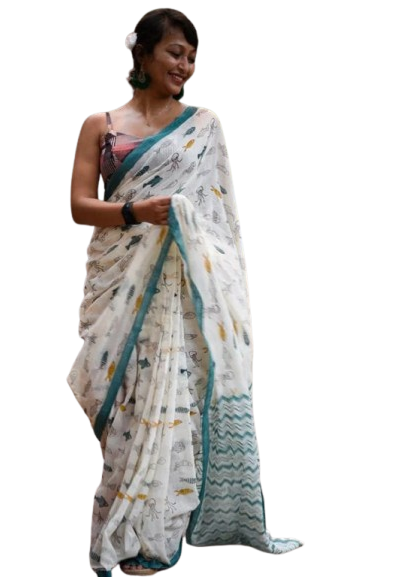 LINEN DIGITAL PRINT SAREE WITH HEVY ZARI PATTA