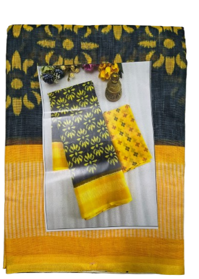 LINEN DIGITAL PRINT SAREE WITH HEVY ZARI PATTA